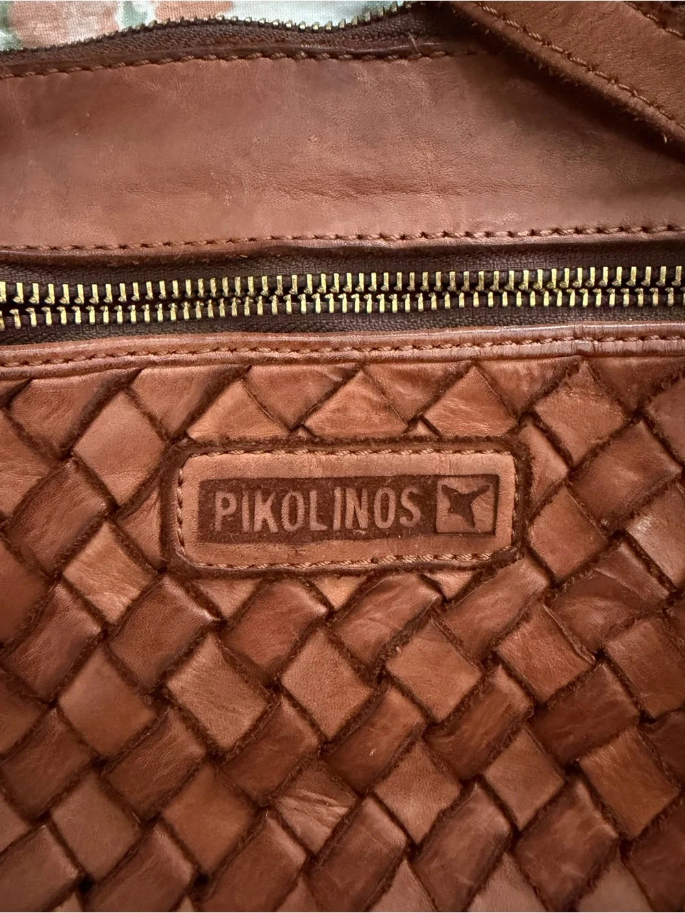 PIKOLINOS Woven Leather Crossbody Bag in Cognac Brown